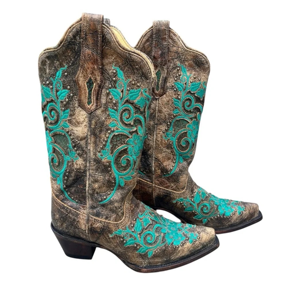 CORRAL Boots Dark Antique Saddle Floral Turquoise Inlay & Studs 6.5 - Picture 1 of 16